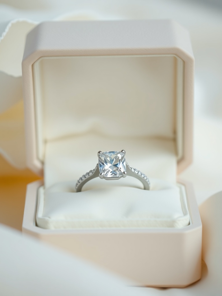 Cushion cut diamond engagement ring in a display box