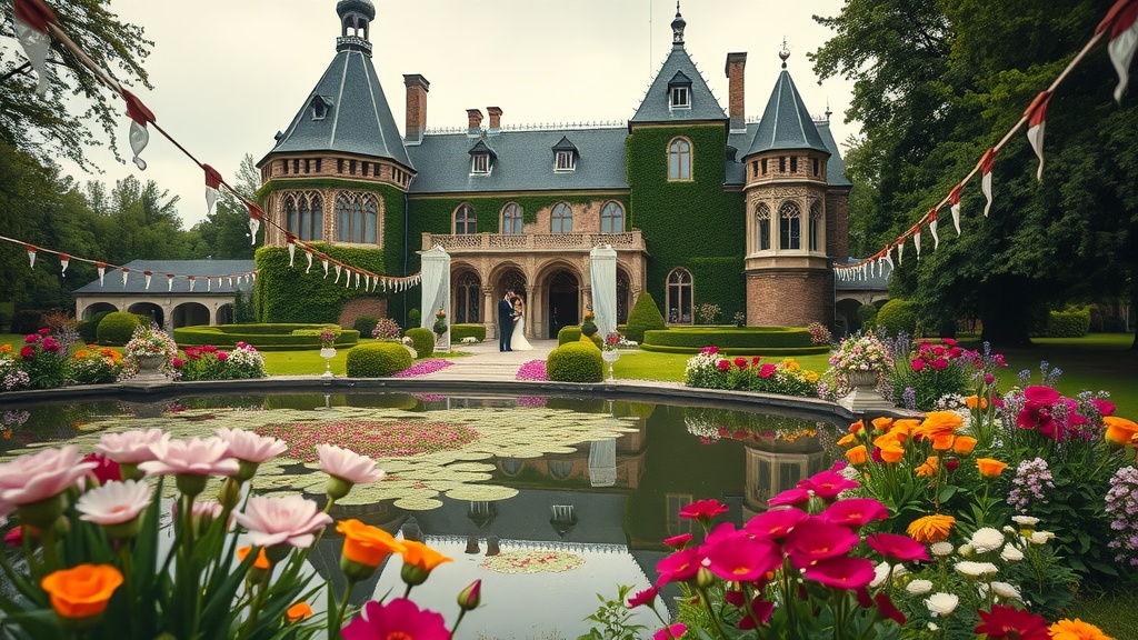 A stunning fairy tale castle surrounded by a garden full of colorful flowers and a serene pond.