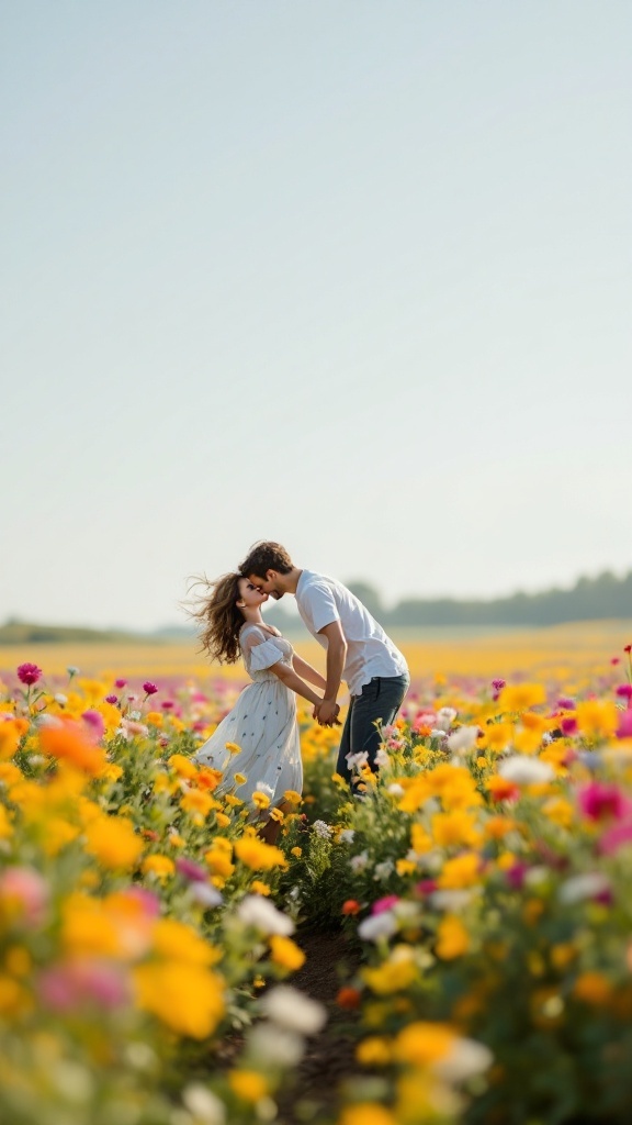 A couple kissing in a colorful floral field