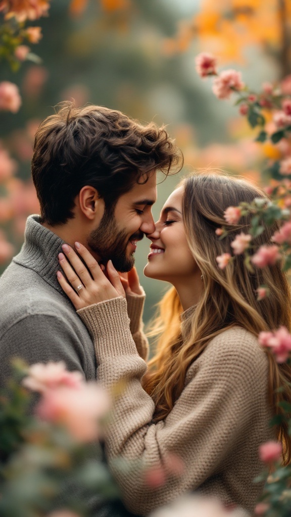 Couple embracing in a flower-filled garden, showcasing love and intimacy