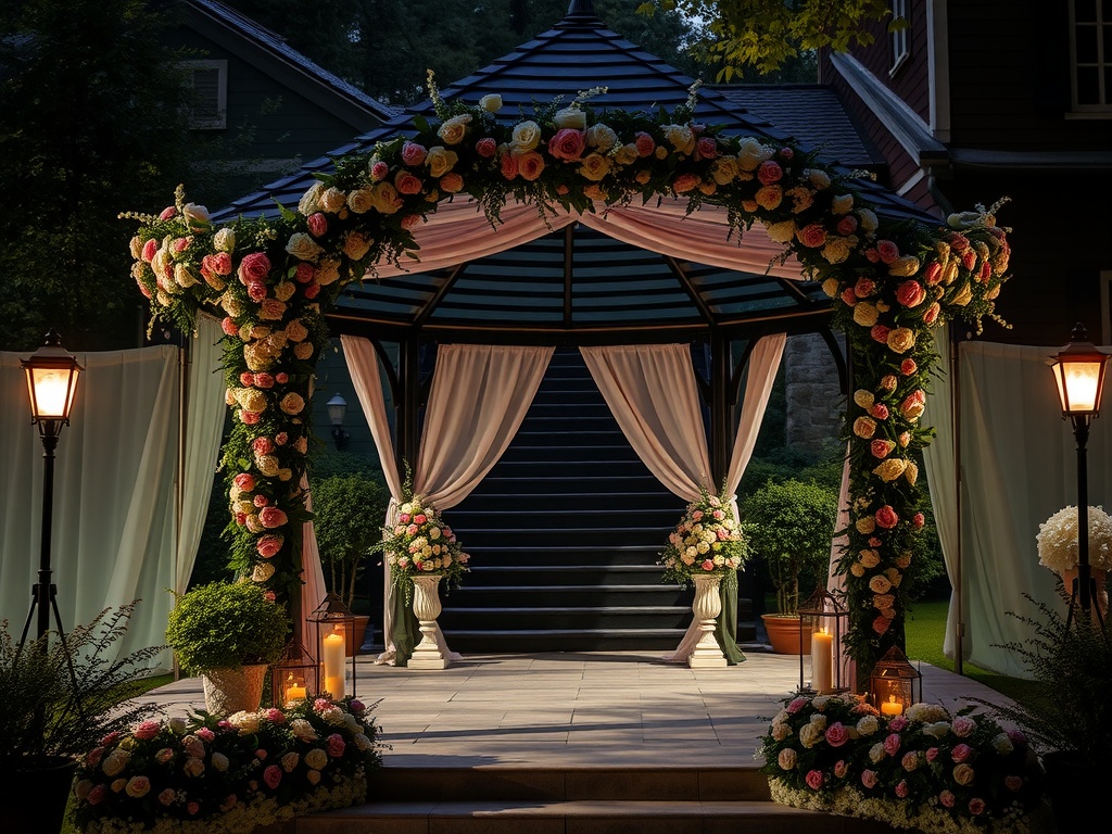 A beautifully decorated garden gazebo with floral arrangements and soft drapes, perfect for a wedding ceremony.