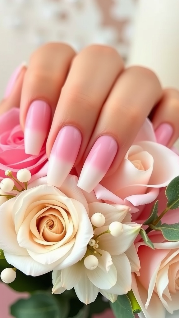 Elegant gradient wedding nails in soft pink and white with a bouquet of pink roses.