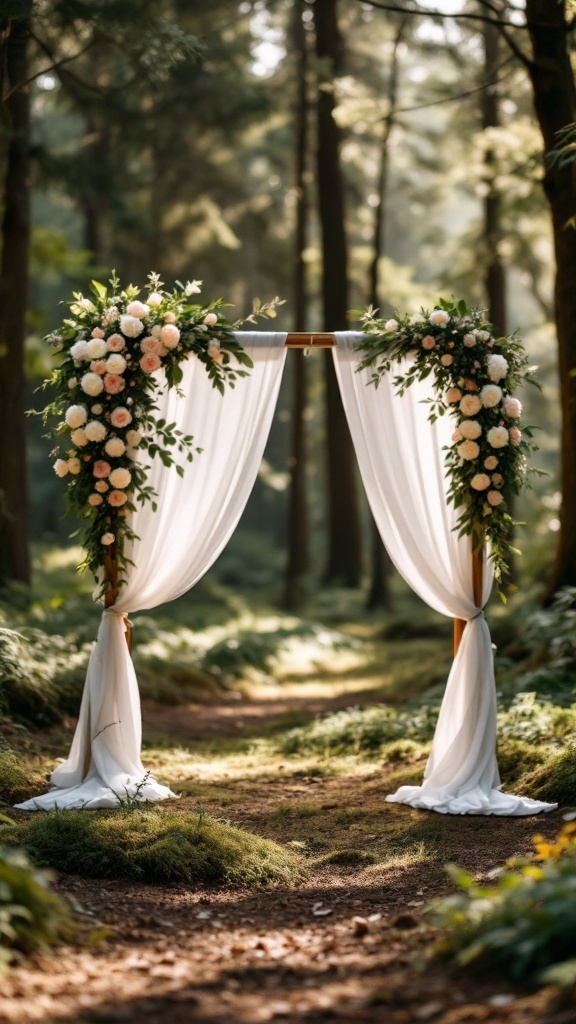 An elegant wedding arch decorated with flowers in a forest setting, perfect for an intimate ceremony.