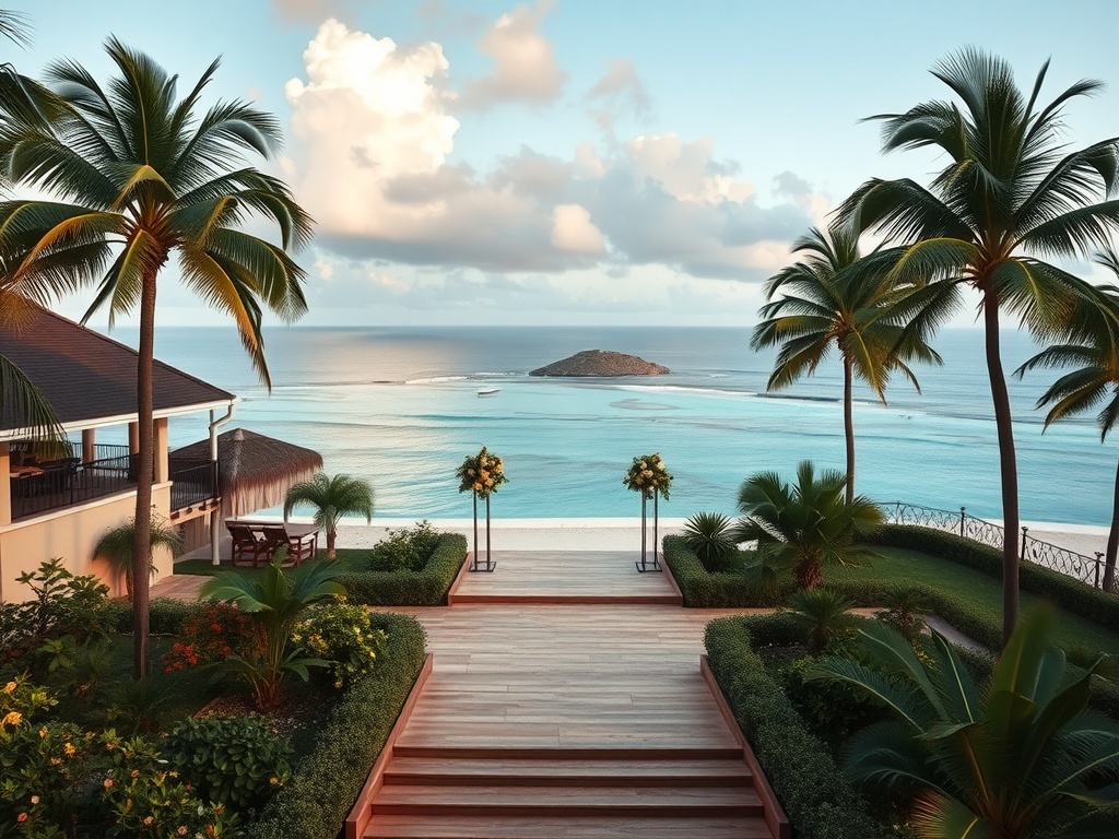 A picturesque view of an island paradise with palm trees and ocean, ideal for a wedding venue.