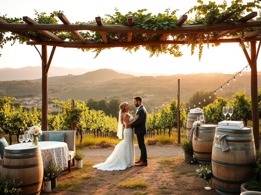 Couple sharing a romantic moment in an Italian vineyard at sunset