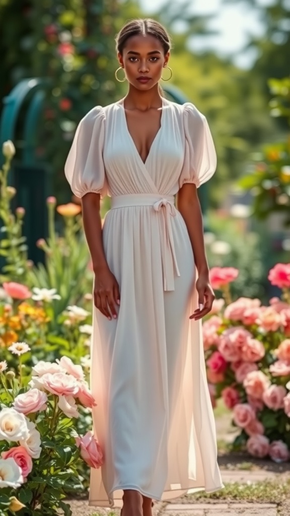 A model wearing a charming midi dress with puff sleeves in a garden filled with roses.