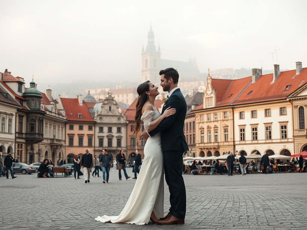 A couple in wedding attire embracing in the Old Town of Prague, with historical buildings in the background.