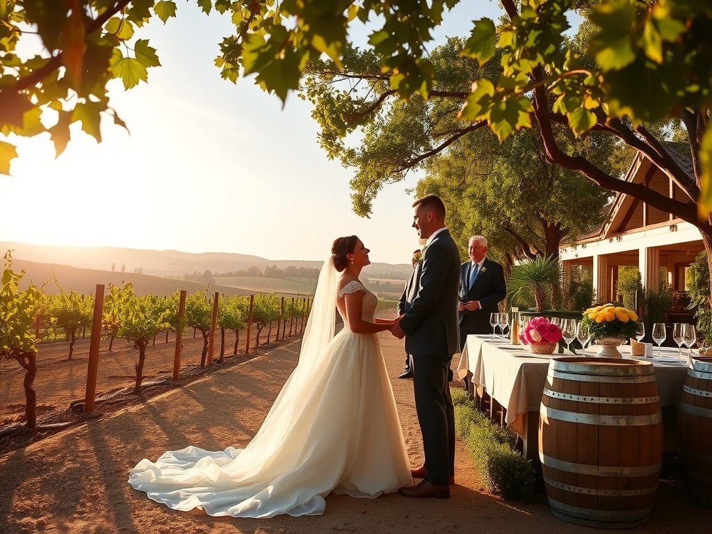 A couple exchanging vows in a vineyard during sunset, with a beautiful rustic backdrop.