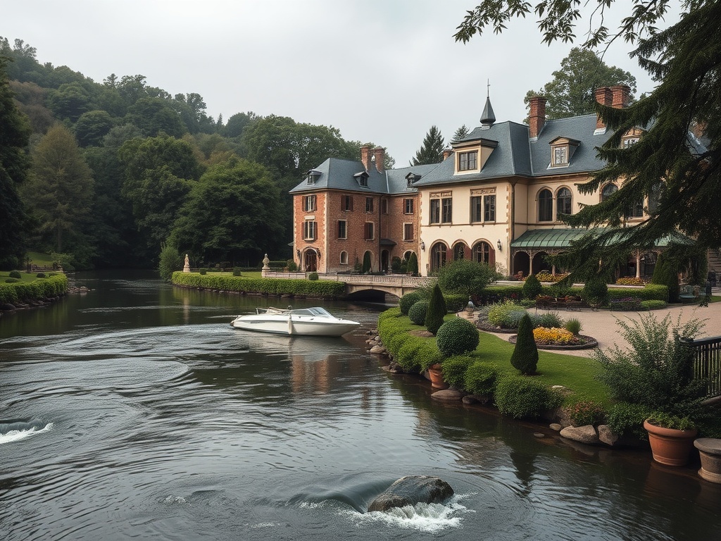 A charming riverside wedding venue with a picturesque building and serene water