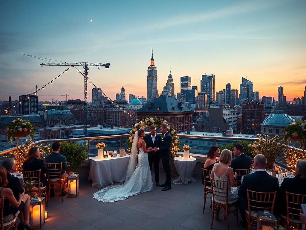 A romantic rooftop wedding at sunset with a city skyline backdrop.