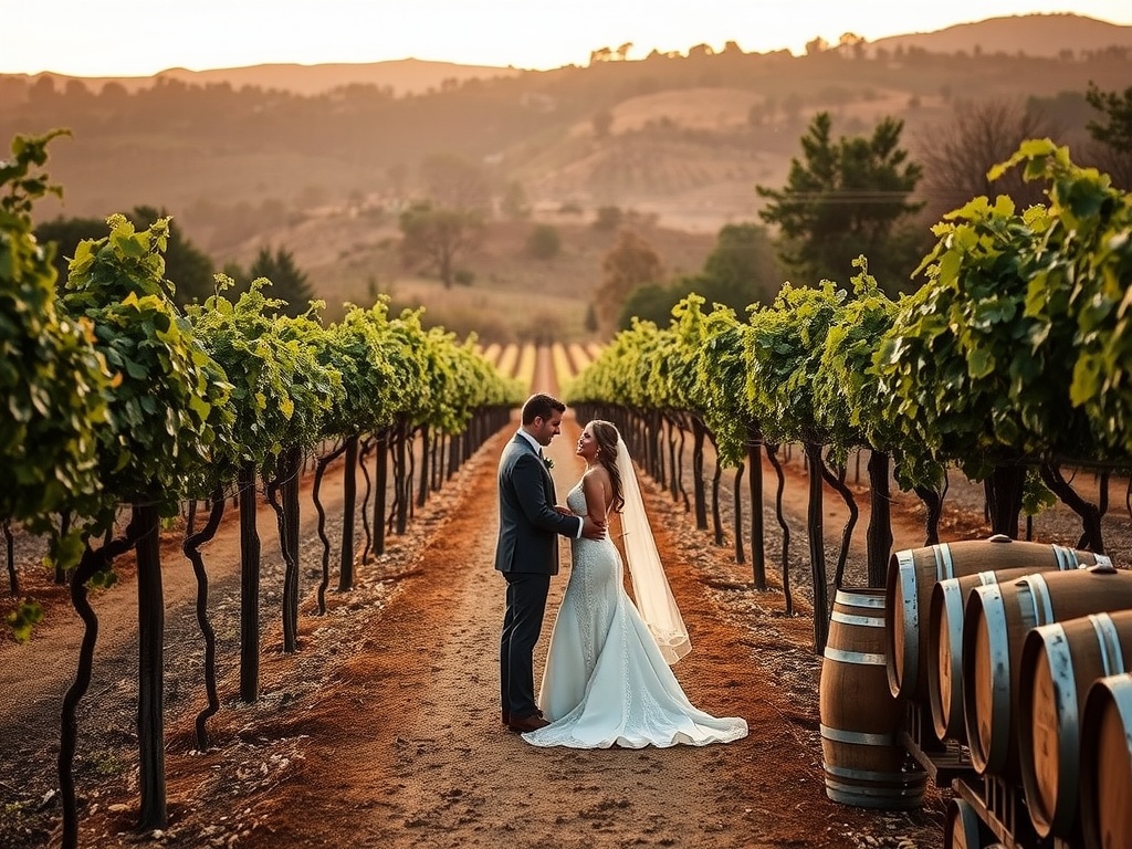 A couple standing in a vineyard at sunset, surrounded by grapevines and wine barrels.