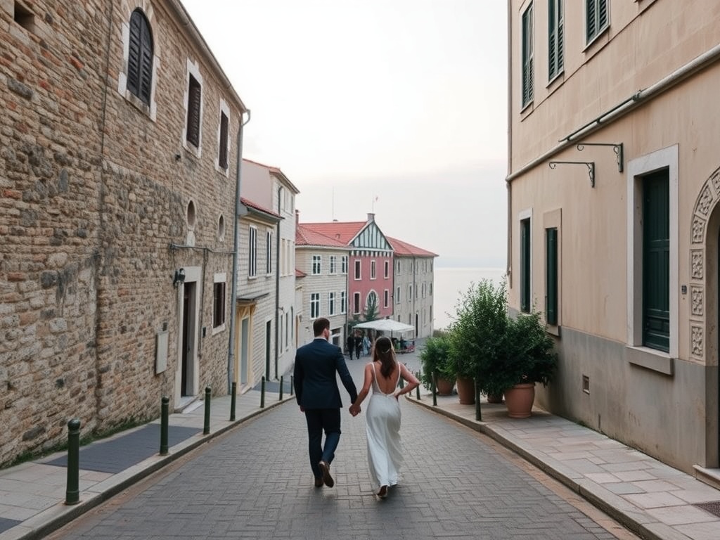 A couple walking hand in hand on a charming street in Dubrovnik, Croatia