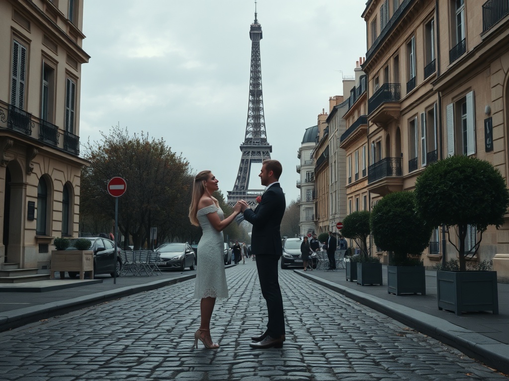 A couple elopes in the charming streets of Paris with the Eiffel Tower in the background.