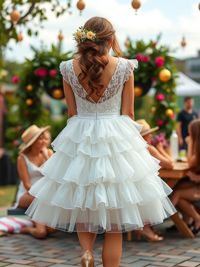 A bride wearing a tiered ruffle short wedding dress, showcasing a playful and flirty design.