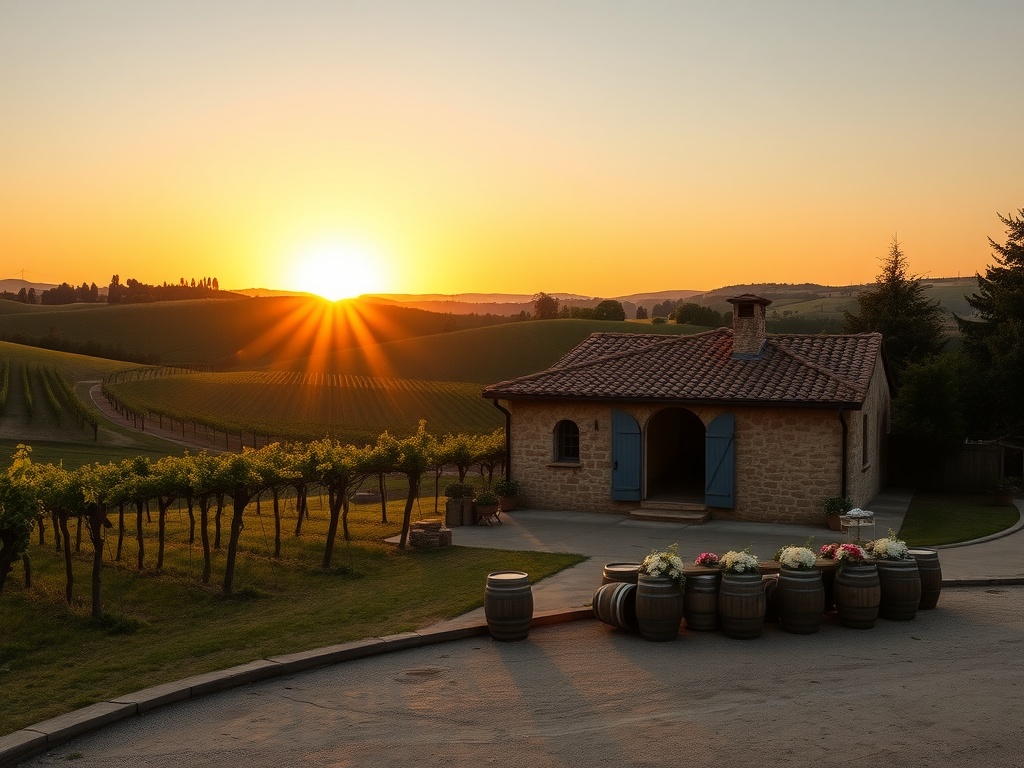 A charming Tuscan vineyard at sunset, showcasing a rustic building surrounded by vineyards and wine barrels.