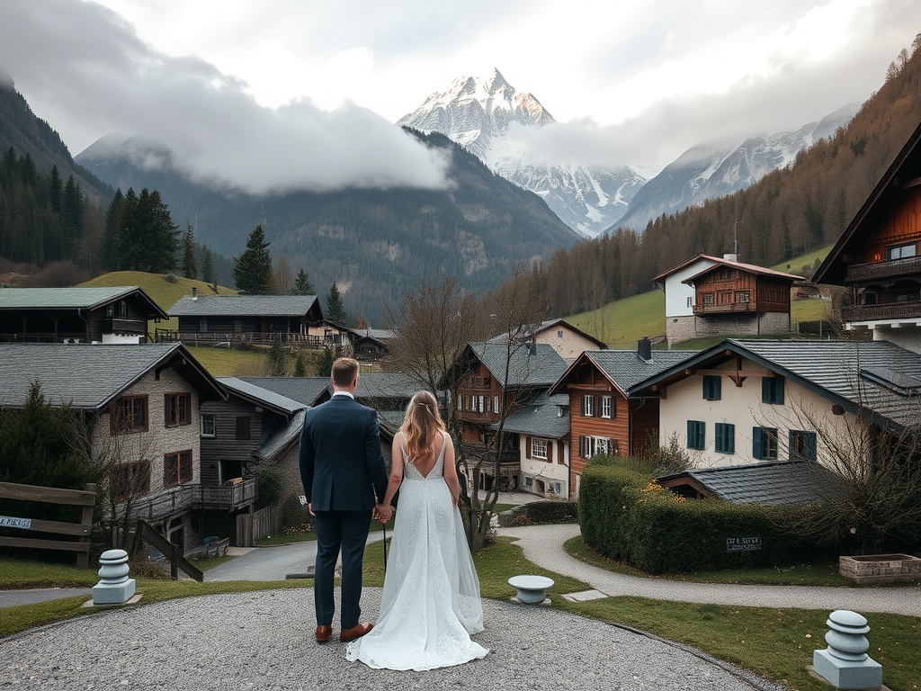 A couple stands hand in hand overlooking the charming village of Gimmelwald in Switzerland, surrounded by mountains and traditional Swiss chalets.