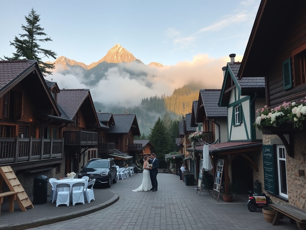A couple dances in a charming village surrounded by mountains and cozy lodges, celebrating their wedding.