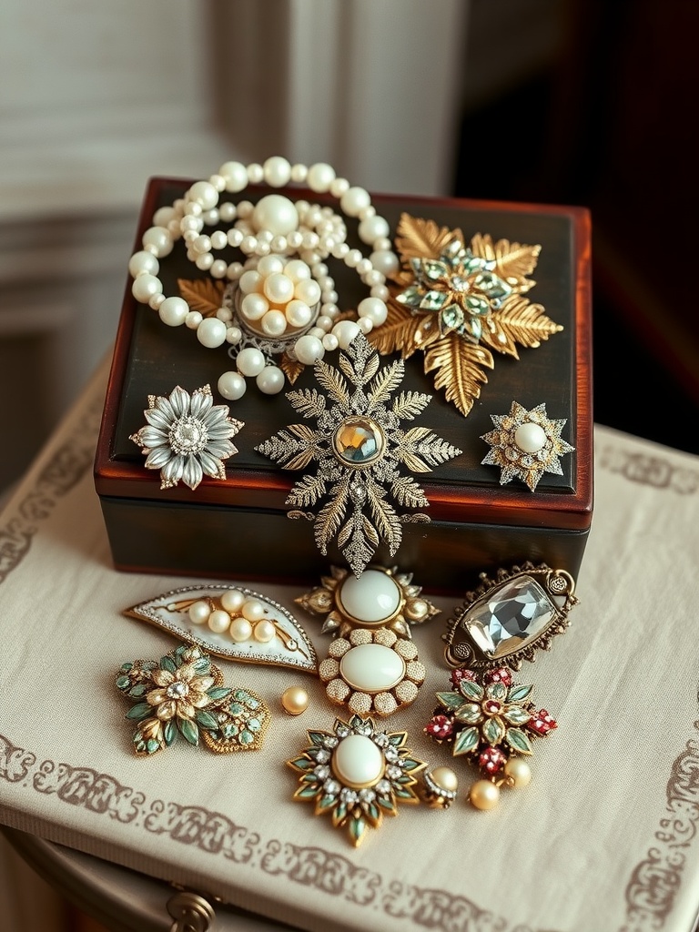 A collection of vintage brooches and hair accessories displayed on a table