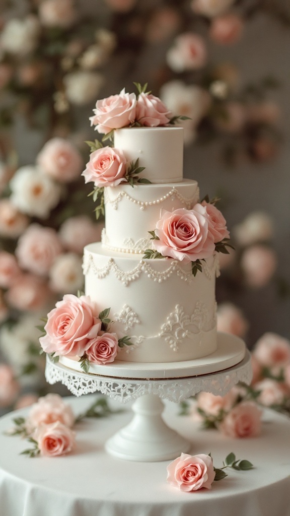A vintage wedding cake with pink roses and elegant lace detailing