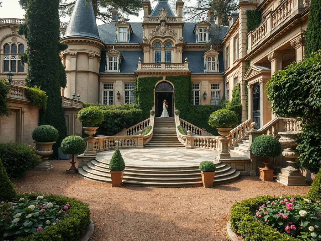A beautiful chateau-inspired estate with lush gardens and grand architecture, perfect for a fairytale wedding.