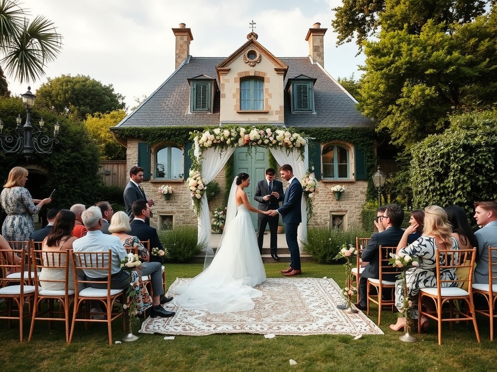 Outdoor wedding ceremony at Chateau de Vaux in France