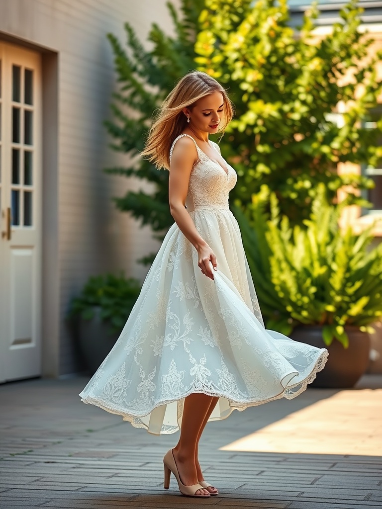 A bride wearing a chic A-line short wedding dress, standing gracefully outdoors