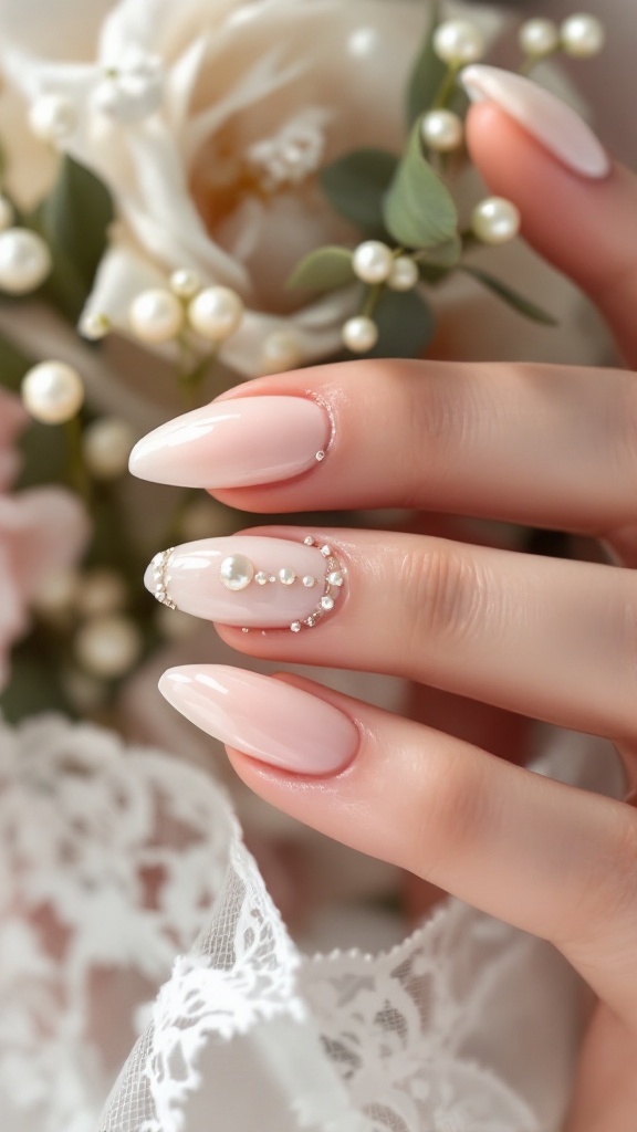 Almond-shaped nails with pearl tips and delicate floral background