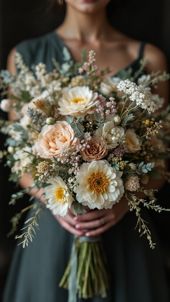 Chic bridal bouquet featuring neutral flowers and dried grasses, with a simple wedding backdrop