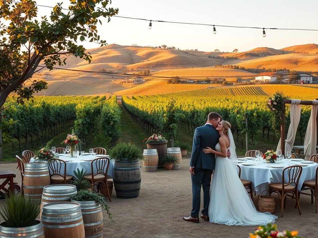 A couple embracing in a vineyard setting with tables and barrels in the foreground, showcasing a romantic wedding atmosphere.