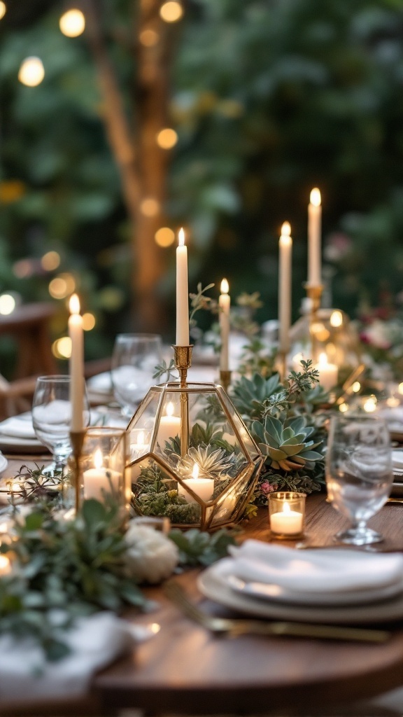 Geometric wedding table decoration with candles and greenery