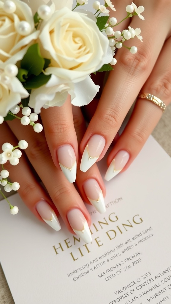 Elegant geometric wedding nail design with white tips and gold accents.
