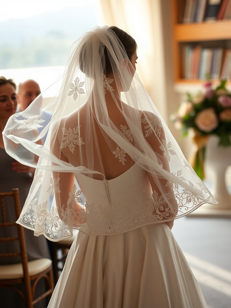 A bride wearing a lace capelet over her wedding dress, with a soft veil and an elegant hairstyle.