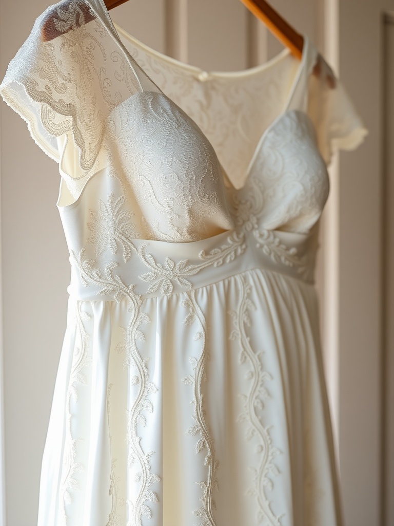 Chic lace maternity wedding dress hanging on a wooden hanger.