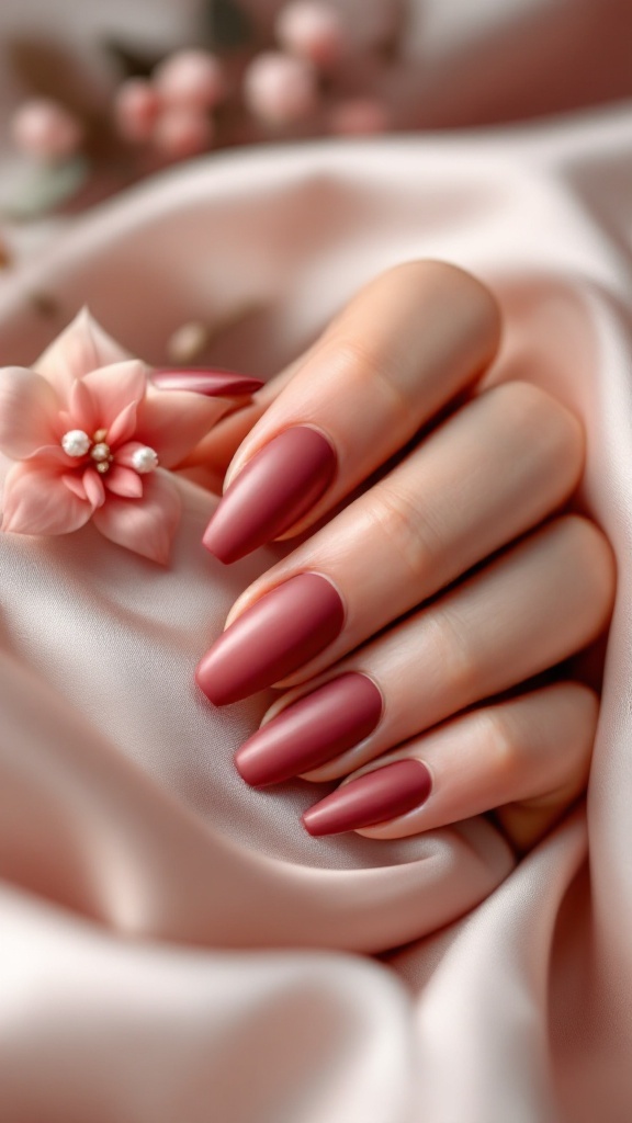 Close-up of hands with chic matte neutral nails and elegant rings on a soft fabric background.
