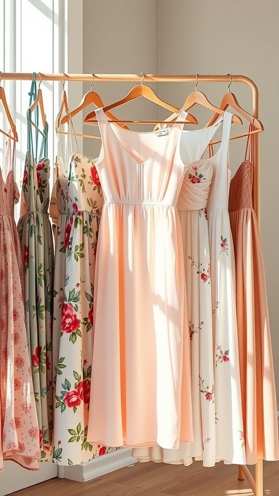 A rack of chic midi dresses in pastel shades, featuring floral patterns and light fabrics, ideal for summer weddings.