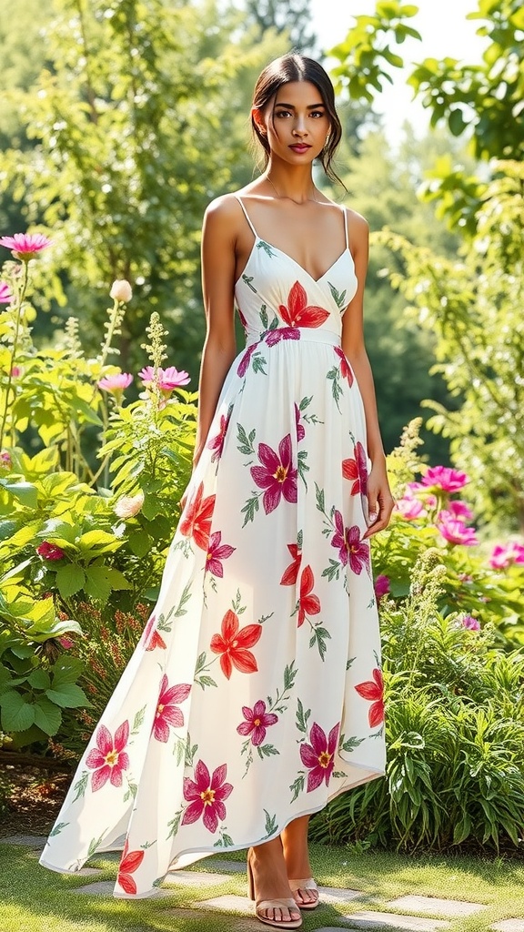 A model wearing a floral midi dress in a garden setting.
