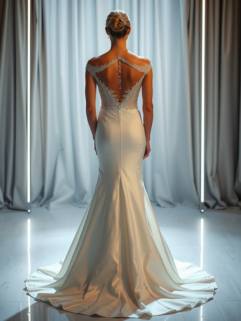 A minimalist wedding dress with sequin detailing, showcasing a chic silhouette and elegant back design.