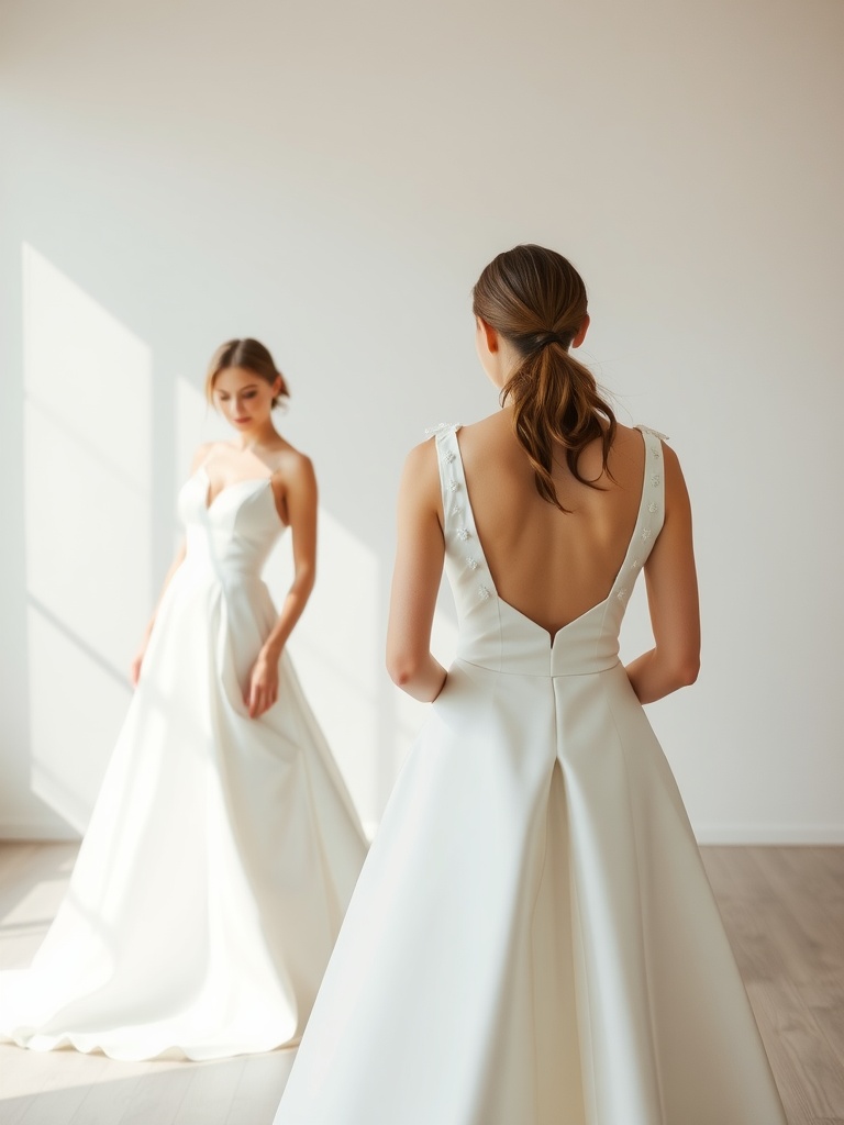 Two minimalist wedding dresses showcasing elegant necklines in a bright, modern setting.