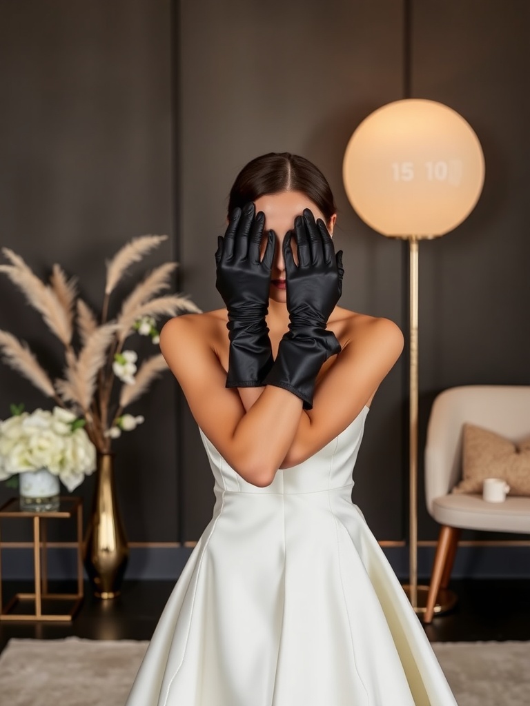 A collage of brides wearing chic satin gloves in various styles, showcasing modern bridal accessories.