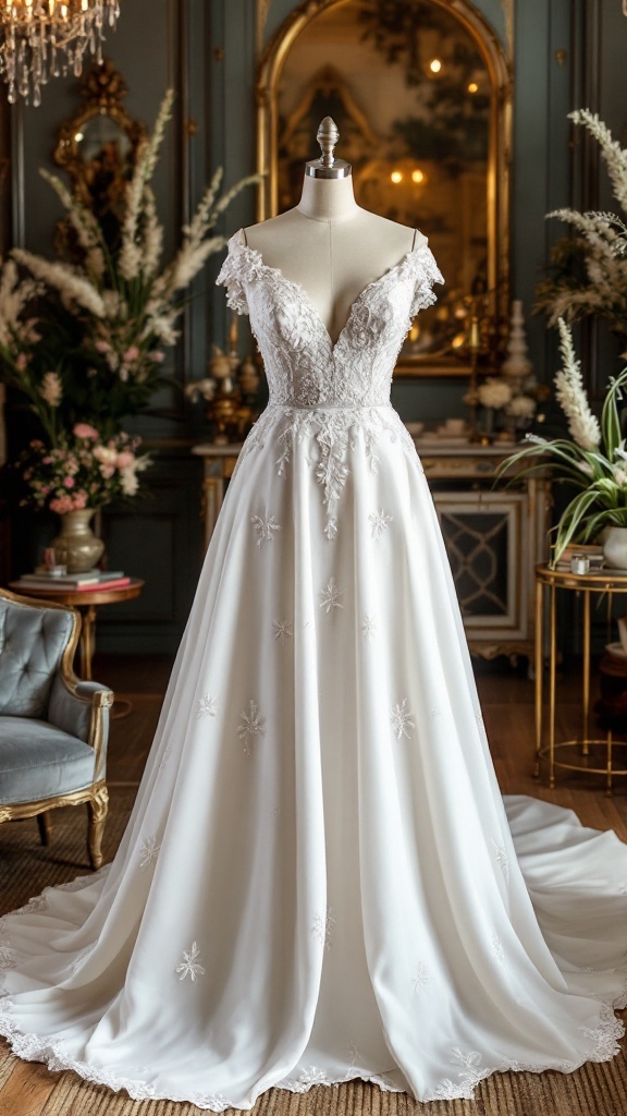 A beautiful white bridal gown displayed in a boutique, with a woman adjusting the dress in the background.
