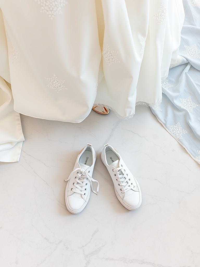 A pair of white sneakers placed next to a wedding dress on a marble floor.
