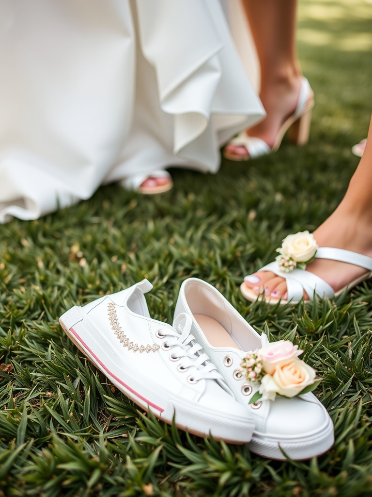 A pair of stylish white sneakers with floral embellishments next to a pair of elegant sandals on grass.