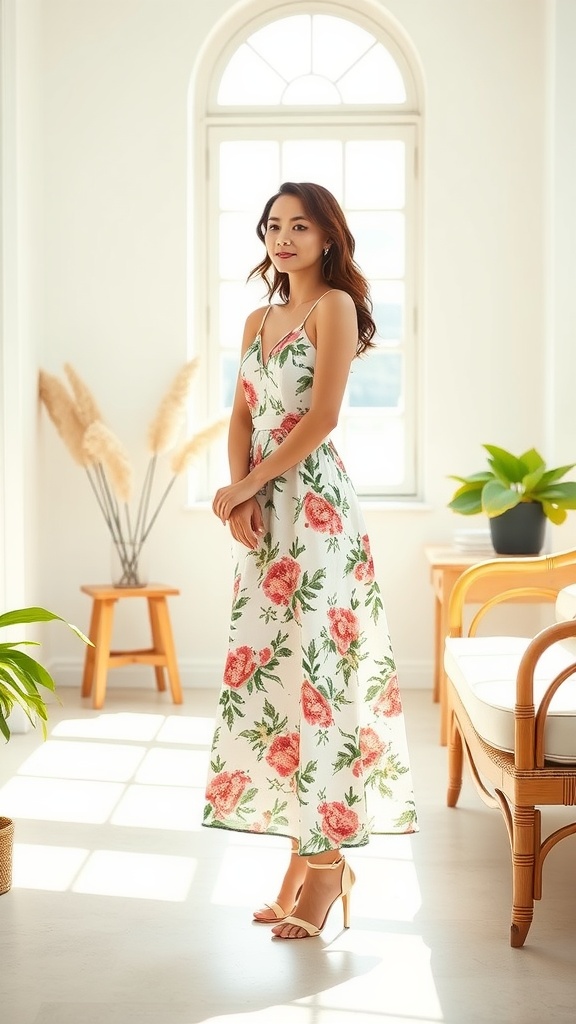 A woman in a floral tulip hem dress standing in a bright room with plants.