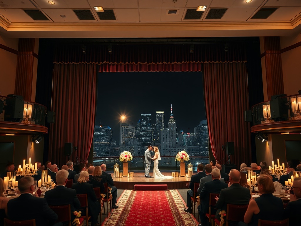 A couple exchanging vows on stage at an urban theater with a city skyline in the background.