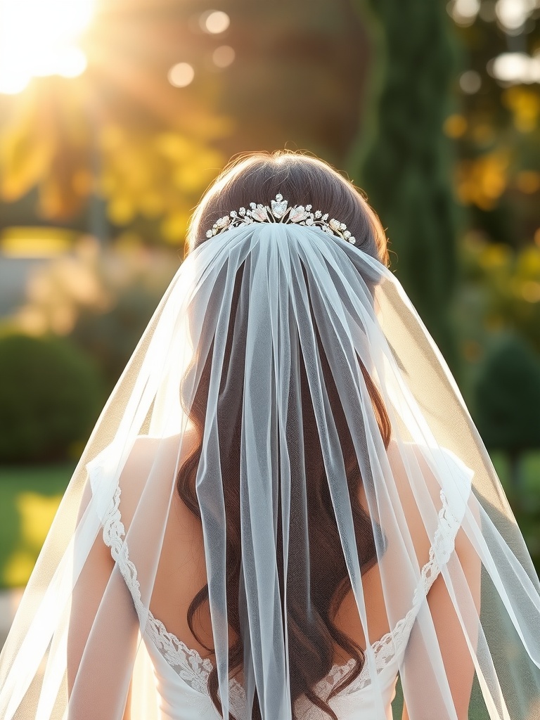 A bride wearing a veil and decorative headpiece, showcasing a chic bridal hairstyle.