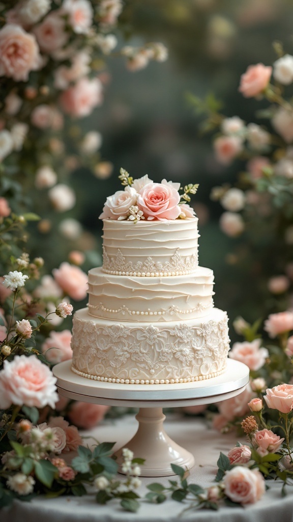 A vintage wedding cake adorned with soft ruffles and pink roses, surrounded by greenery.