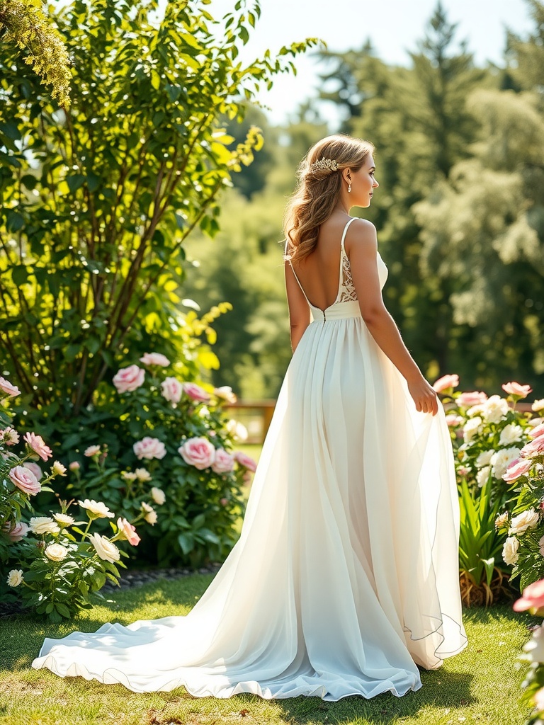 A bride wearing a chiffon A-line gown in a garden setting, surrounded by flowers, with a soft breeze flowing through her dress.