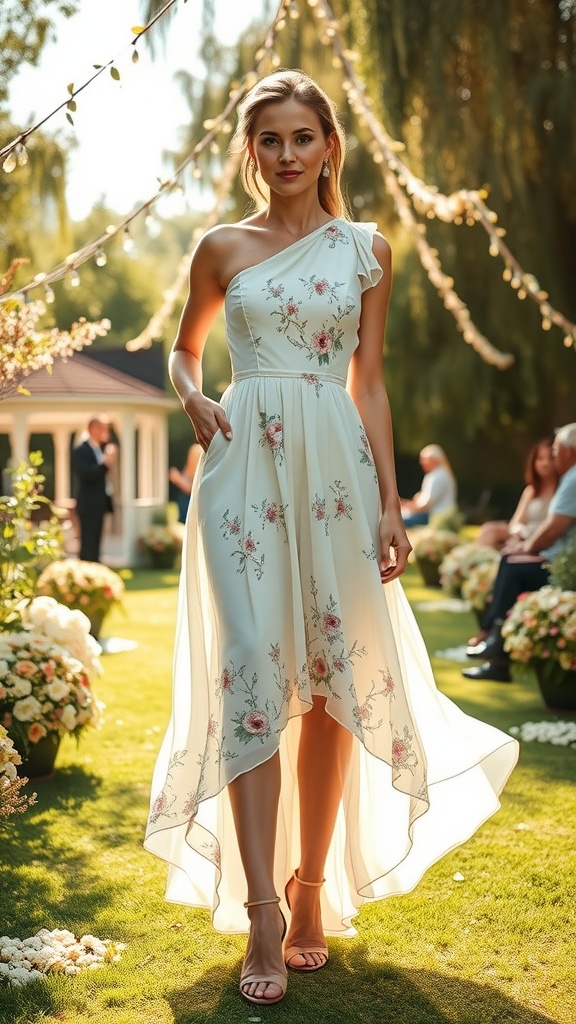 Chiffon dress with asymmetrical hem and floral embroidery, ideal for summer weddings.
