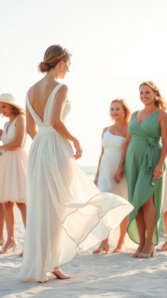 A group of women wearing chiffon dresses at a summer wedding, showcasing various styles and colors.