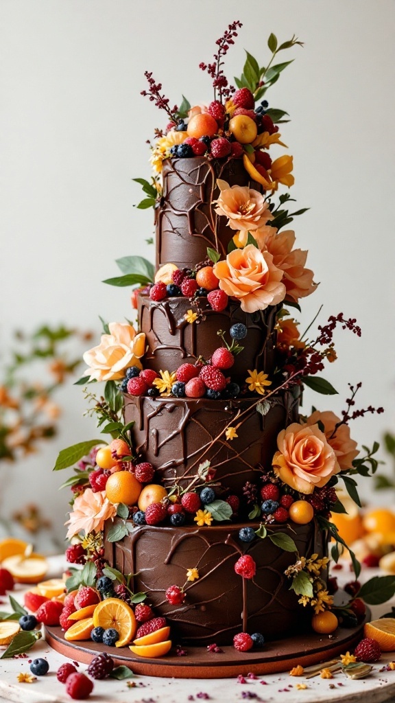 A tall, layered chocolate ganache cake decorated with fruits and flowers.